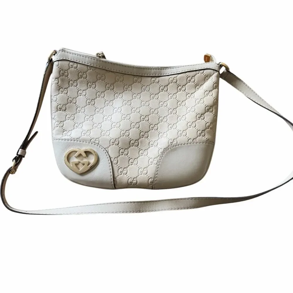 Gucci Cream Embossed GG Crossbody Bag with Gold-Tone Heart Logo